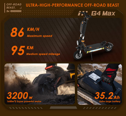 Kukirin g4 max off-road electric scooter 2*1600w engine 60V 35.2 Ah 95km maximum range 86 km/h maximum speed front and rear piston oil brake